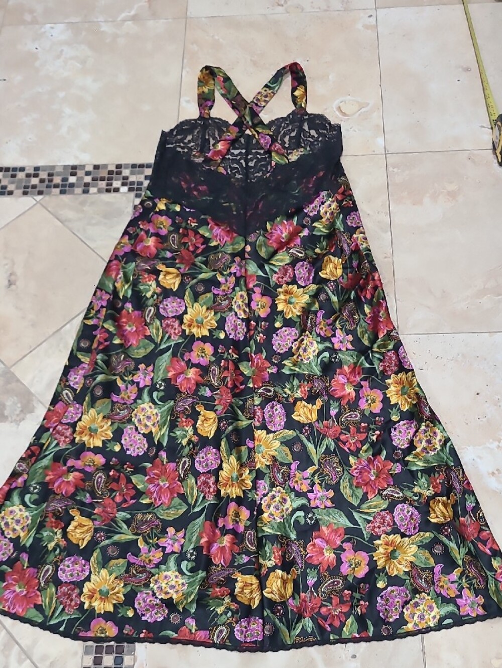 Vanity Fair Vintage Black Floral Lace Maxi Dress with Pink and Yellow Blooms - Picture 10 of 16